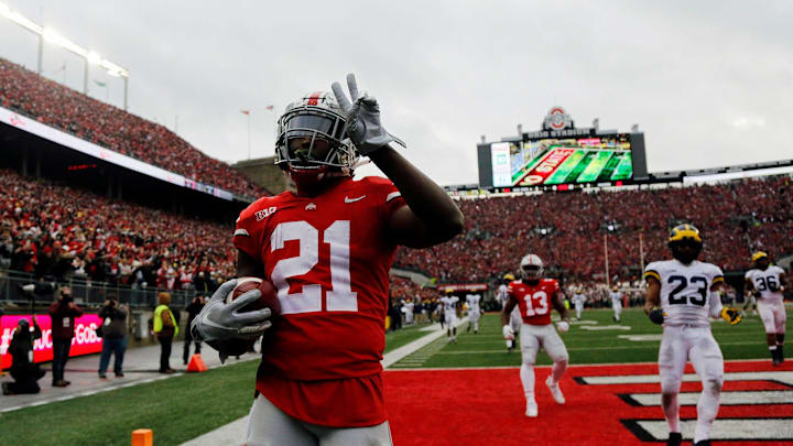Ohio State Buckeyes wide receiver Parris Campbell Jr. (21) celebrates his rushing touchdown against Michigan Wolverines in the 4th quarter of their game at Ohio Stadium in Columbus, Ohio on November 24, 2018.
