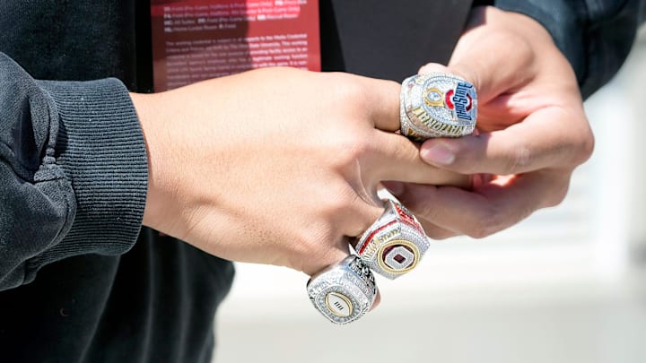 Former Ohio State Buckeye JT Tuimoloau received three rings for winning the College Football Playoffs during the spring game at Ohio Stadium on April 12, 2025. Players and coaches from the 2024 championship team received a ring for making the College Football Playoff, one from the CFP for winning it and a championship ring from Ohio State.
