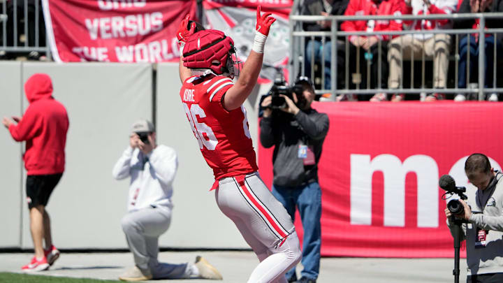 Ohio State Buckeye Scarlet Max Klare (86) celebrates a touchdown catch against team Gary in the 1st half during the spring game at Ohio Stadium on April 12, 2025.
