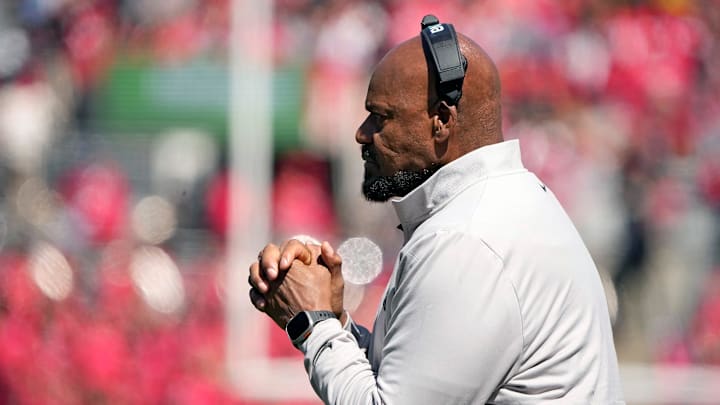 Ohio State Buckeye Gray coach Larry Johnson watches the defense against team Scarlet in the 1st half during the spring game at Ohio Stadium on April 12, 2025.