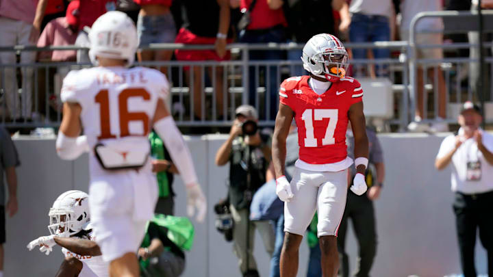 Ohio State Buckeyes wide receiver Carnell Tate (17) celebrates his touchdown catch against Texas Longhorns in the fourth quarter of their game at Ohio Stadium in Columbus, Ohio on Aug 30, 2025.