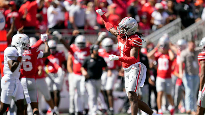 Ohio State Buckeyes cornerback Jermaine Mathews Jr. (7) celebrates after stopping Texas Longhorns on fourth down in the four quarter of their game at Ohio Stadium in Columbus, Ohio on Aug 30, 2025.