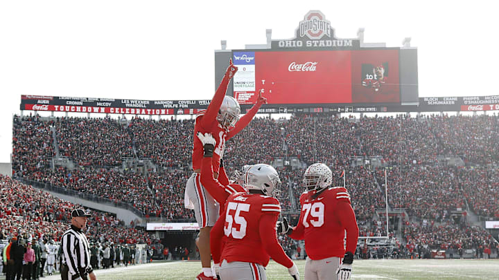 Ohio State Buckeyes wide receiver Jaxon Smith-Njigba (11) celebrates his touchdown catch against Michigan State Spartans in the second quarter during their NCAA College football game at Ohio Stadium in Columbus, Ohio on November 20, 2021.