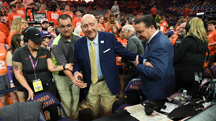 Feb 8, 2025; Clemson, South Carolina, USA; Clemson University student fans welcome ESPN commentator Dick Vitale before the game between the Clemson Tigers and the Duke Blue Devils at Littlejohn Coliseum. Mandatory Credit: Ken Ruinard/USA Today Network via Imagn Images