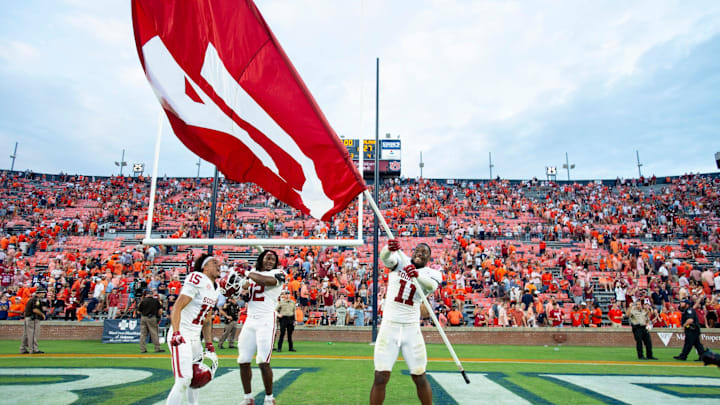 Oklahoma Sooners linebacker Kobie McKinzie (11) celebrates after the game as Auburn Tigers take on Oklahoma Sooners at Jordan-Hare Stadium in Auburn, Ala., on Saturday, Sept. 28, 2024. Oklahoma Sooners defeated Auburn Tigers 27-21.