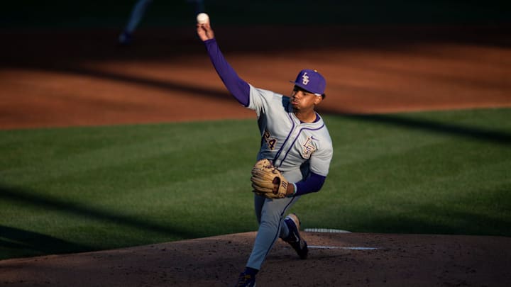 LSU Tigers' Anthony Eyanson (24) pitches the ball as Auburn Tigers take on LSU Tigers at Plainsman Park in Auburn, Ala., on Saturday, April 12, 2025.