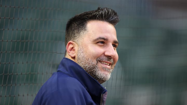 Oct 6, 2023; Atlanta, GA, USA; Atlanta Braves general manager Alex Anthopoulos watches a workout before the NLDS against the Philadelphia Phillies at Truist Park. Mandatory Credit: Brett Davis-Imagn Images