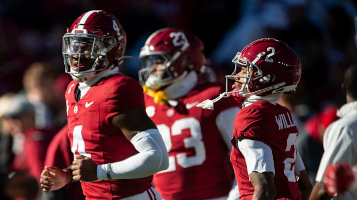Alabama Crimson Tide quarterback Jalen Milroe (4) and wide receiver Ryan Williams (2) take the field during warm ups as Auburn Tigers take on Alabama Crimson Tide at Bryant-Denny Stadium in Tuscaloosa, Ala., on Saturday, Nov. 30, 2024.