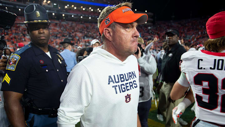 Auburn Tigers head coach Hugh Freeze walks off the field after the game as Auburn Tigers take on Georgia Bulldogs at Jordan-Hare Stadium in Auburn, Ala. on Saturday, Oct. 11, 2025. Georgia Bulldogs defeated Auburn Tigers 20-10.