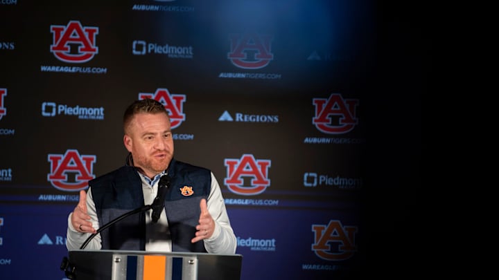 Auburn Tigers football head coach Alex Golesh speaks during a press conference at Woltosz Performance Center in Auburn, Ala. on Monday, Dec. 8, 2025.