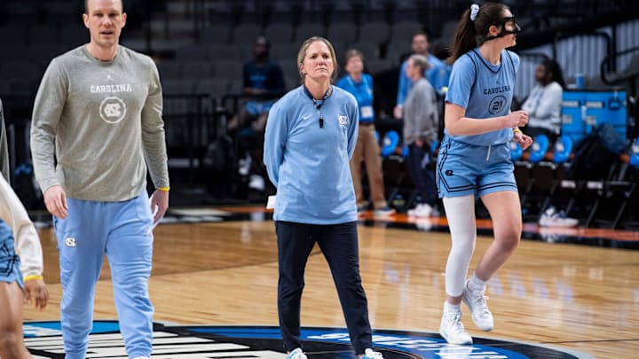 North Carolina Tar Heels head coach Courtney Banghart watches on during practice before their Sweet 16 matchup with Duke at Legacy Arena in Birmingham, Ala., on Thursday, March 27, 2025.
