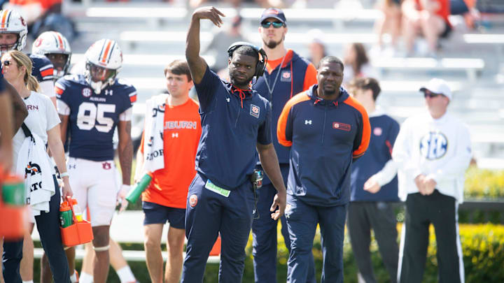 Auburn Tigers wide receivers coach Marcus Davis during the A-Day spring game at Jordan-Hare Stadium in Auburn, Ala., on Saturday, April 6, 2024. Auburn Tigers wide receivers coach Marcus Davis during the A-Day spring game at Jordan-Hare Stadium in Auburn, Ala., on Saturday, April 6, 2024.