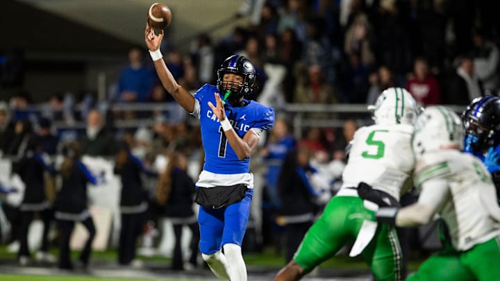Catholic's Kingston Preyear (1) throws the ball at Montgomery Catholic Preparatory School in Montgomery, Ala., on Friday, Nov. 29, 2024. Montgomery Catholic leads Vigor 14-7 at halftime. Catholic's Kingston Preyear (1) throws the ball at Montgomery Catholic Preparatory School in Montgomery, Ala., on Friday, Nov. 29, 2024. Montgomery Catholic leads Vigor 14-7 at halftime.