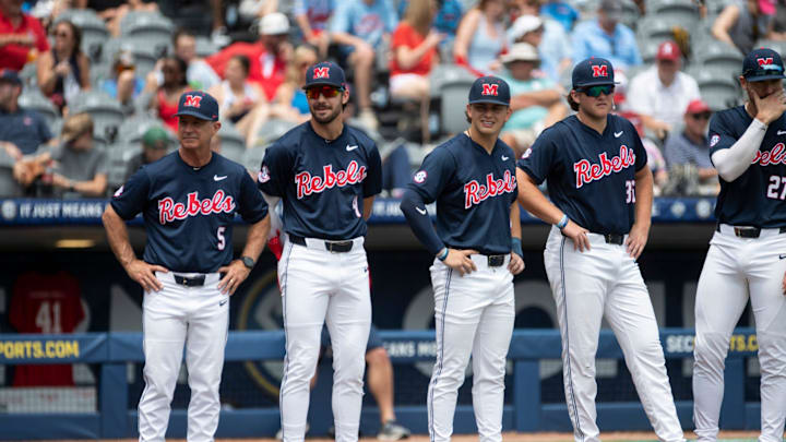 Ole Miss Rebels head coach Mike Bianco (5) watches on during introductions as Ole Miss Rebels take on Vanderbilt Commodores during the SEC baseball tournament championship game at Hoover Met in Birmingham, Ala., on Sunday, May 25, 2025.