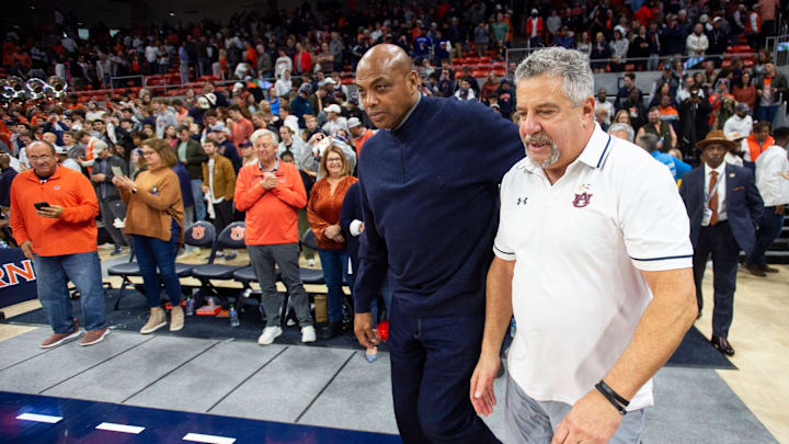 Former Auburn basketball player Charles Barkley and Auburn Tigers head coach Bruce Pearl take the