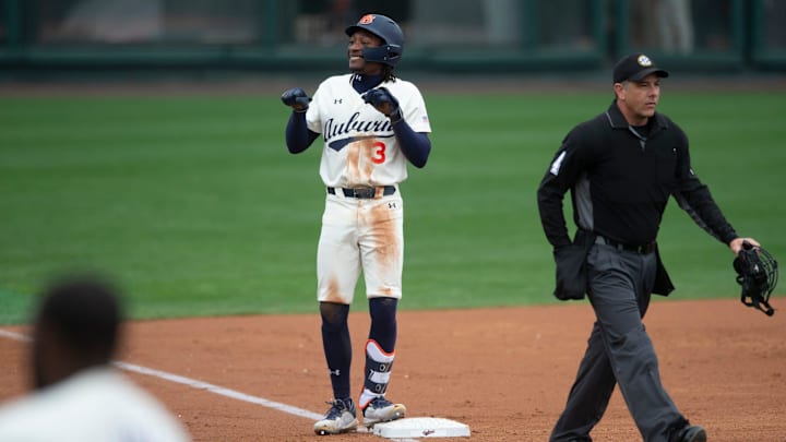 Auburn Tigers outfielder Chris Stanfield (3) celebrates after his triple at Plainsman Park in