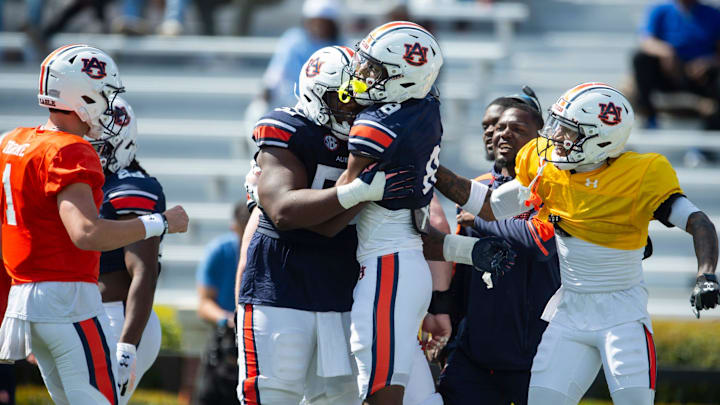 Auburn Tigers wide receiver Cam Coleman (8) celebrates his touchdown catch during the A-Day spring game at Jordan-Hare Stadium in Auburn, Ala., on Saturday, April 6, 2024.