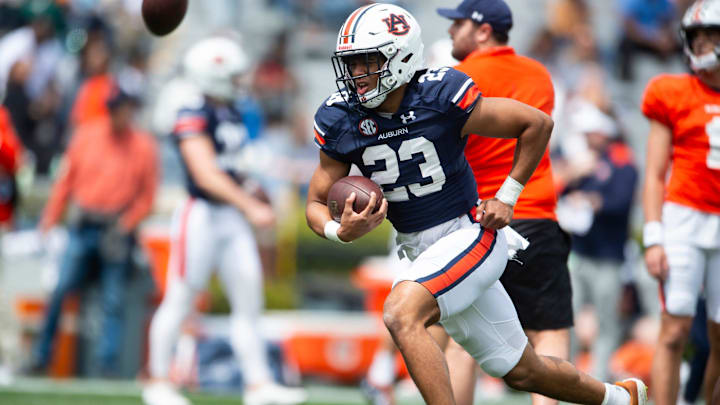 Auburn Tigers running back Jeremiah Cobb (23) warms up during the A-Day spring game at Jordan-Hare Stadium in Auburn, Ala., on Saturday, April 6, 2024.