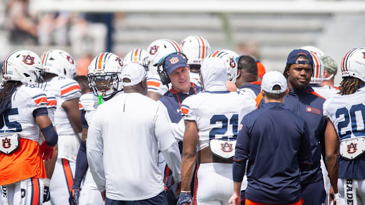 Auburn Tigers defensive coordinator DJ Durkin talks during a timeout during the A-Day spring game at Jordan-Hare Stadium in Auburn, Ala., on Saturday, April 6, 2024.