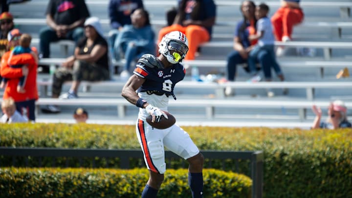 Auburn Tigers wide receiver Cam Coleman (8) celebrates his touchdown catch during the A-Day spring game at Jordan-Hare Stadium in Auburn, Ala., on Saturday, April 6, 2024.