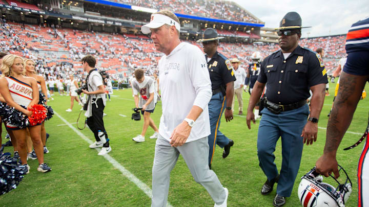 Auburn Tigers head coach Hugh Freeze walks off the field after the game as Auburn Tigers take on California Golden Bears at Jordan-Hare Stadium in Auburn, Ala., on Saturday, Sept. 7, 2024. California Golden Bears defeated Auburn Tigers 21-14.