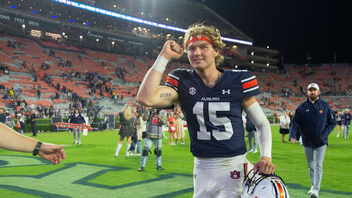 Auburn Tigers quarterback Hank Brown (15) walks off the field after the game as Auburn Tigers take on New Mexico Lobos at Jordan-Hare Stadium in Auburn, Ala., on Saturday, Sept. 14, 2024. Auburn Tigers defeated New Mexico Lobos 45-19.