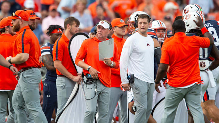 Auburn Tigers head coach Hugh Freeze looks on from the sideline as Auburn Tigers take on Oklahoma Sooners at Jordan-Hare Stadium in Auburn, Ala., on Saturday, Sept. 28, 2024. Auburn Tigers lead Oklahoma Sooners 14-7 at halftime.