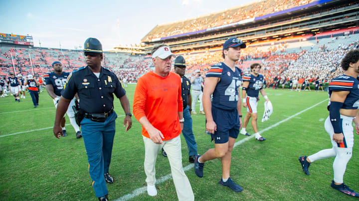 Auburn Tigers head coach Hugh Freeze walks off the field after the game as Auburn Tigers take on Arkansas Razorbacks at Jordan-Hare Stadium in Auburn, Ala., on Saturday, Sept. 21, 2024. Arkansas Razorbacks defeated Auburn Tigers 24-14.