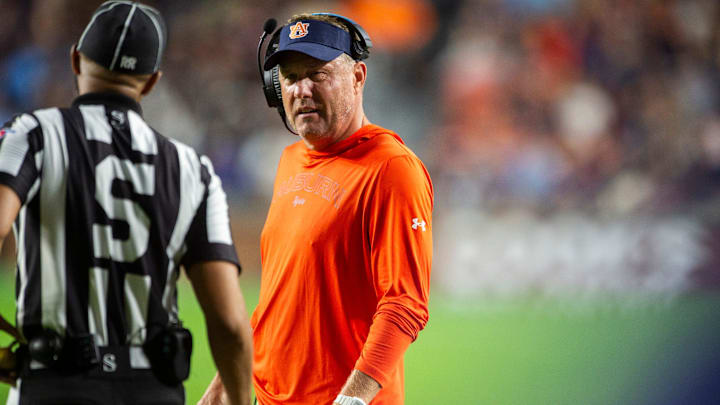 Auburn Tigers head coach Hugh Freeze talks with officials as Auburn Tigers take on New Mexico Lobos at Jordan-Hare Stadium in Auburn, Ala., on Saturday, Sept. 14, 2024. Auburn Tigers defeated New Mexico Lobos 45-19.