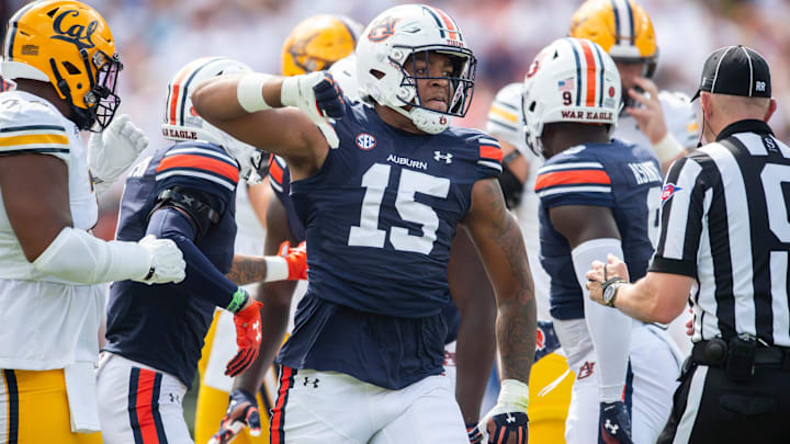 Auburn Tigers defensive lineman Keldric Faulk (15) celebrates a stop as Auburn Tigers take on California Golden Bears at Jordan-Hare Stadium in Auburn, Ala., on Saturday, Sept. 7, 2024.