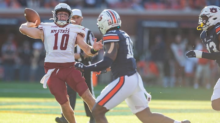 New Mexico State Aggies quarterback Diego Pavia (10) throws the ball during the first quarter as Auburn Tigers take on New Mexico State Aggies at Jordan-Hare Stadium in Auburn, Ala., on Saturday, Nov. 18, 2023.