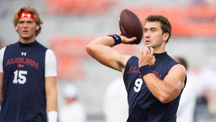 Auburn Tigers quarterback Walker White (9) throws the ball during warm ups before Auburn Tigers take on Arkansas Razorbacks at Jordan-Hare Stadium in Auburn, Ala., on Saturday, Sept. 21, 2024.