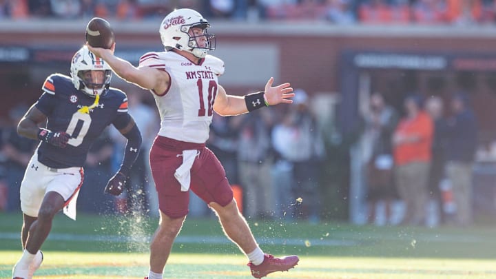 New Mexico State Aggies quarterback Diego Pavia (10) throws the ball during the first quarter as Auburn Tigers take on New Mexico State Aggies at Jordan-Hare Stadium in Auburn, Ala., on Saturday, Nov. 18, 2023.