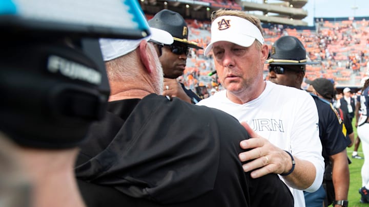 Auburn Tigers head coach Hugh Freeze and Vanderbilt Commodores Senior Offensive Advisor Jerry Kill shake hands after the game as Auburn Tigers take on Vanderbilt Commodores at Jordan-Hare Stadium in Auburn, Ala., on Saturday, Nov. 2, 2024. Vanderbilt Commodores defeated Auburn Tigers 17-7.