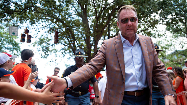 Auburn Tigers head coach Hugh Freeze greets fans during Tiger Walk before Auburn Tigers take on Oklahoma Sooners at Jordan-Hare Stadium in Auburn, Ala., on Saturday, Sept. 28, 2024.
