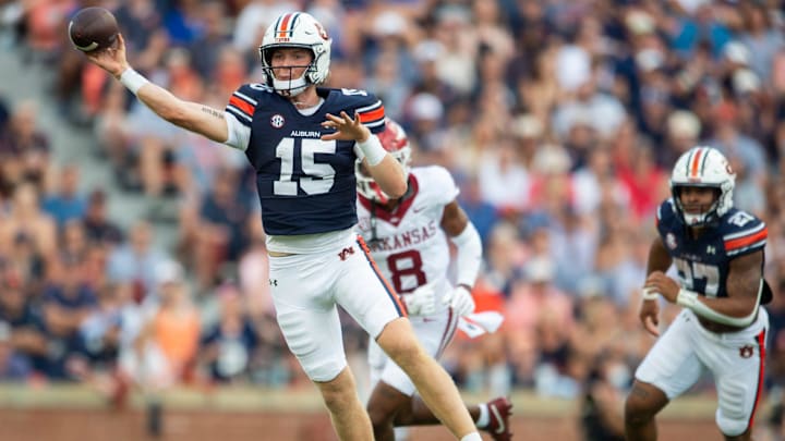 Auburn Tigers quarterback Hank Brown (15) throws the ball as Auburn Tigers take on Arkansas Razorbacks at Jordan-Hare Stadium in Auburn, Ala., on Saturday, Sept. 21, 2024. Arkansas Razorbacks lead Auburn Tigers 7-0 at halftime.