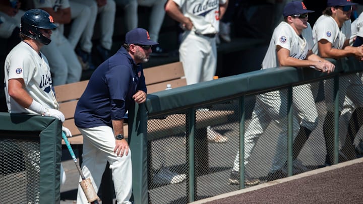 Auburn Tigers coach Butch Thompson looks on as Auburn Tigers take on Southern Miss Golden Eagles during the NCAA baseball championship regional at Plainsman Park in Auburn, Ala., on Saturday, June 3, 2023.
