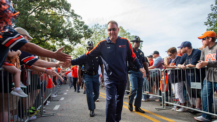 Auburn Tigers head coach Hugh Freeze greets fans during Tiger Walk before Auburn Tigers take on Vanderbilt Commodores at Jordan-Hare Stadium in Auburn, Ala., on Saturday, Nov. 2, 2024.
