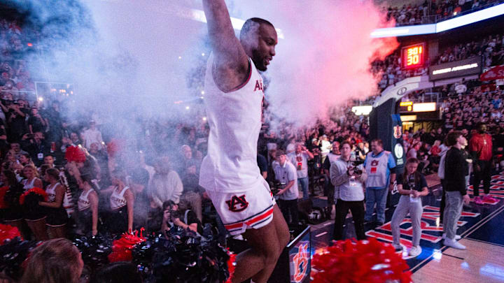 Auburn Tigers forward Chris Moore (5) takes the court as Auburn Tigers take on Oklahoma Sooners at Neville Arena in Auburn, Ala., on Tuesday, Feb. 4, 2025.
