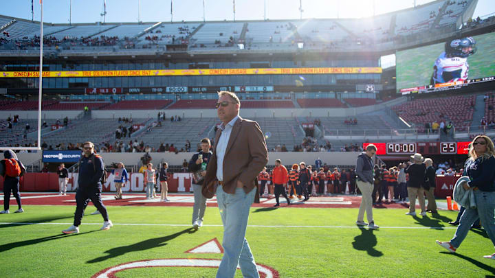 Auburn Tigers head coach Hugh Freeze takes the field as his team arrives as Auburn Tigers take on Alabama Crimson Tide at Bryant-Denny Stadium in Tuscaloosa, Ala., on Saturday, Nov. 30, 2024.