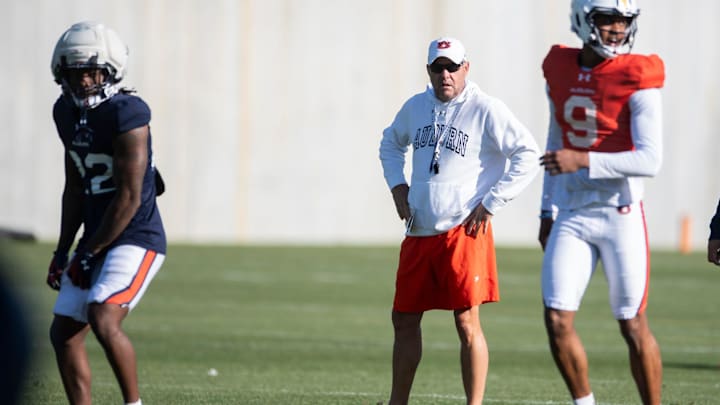 Auburn Tigers head coach Hugh Freeze watches on during football practice at Woltosz Football Performance Center in Auburn, Ala., on Thursday, April 10, 2025.