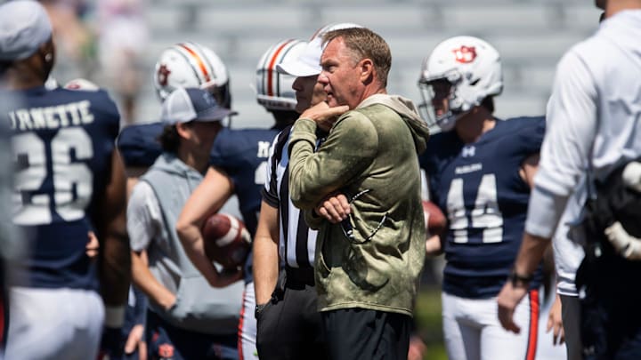 Auburn Tigers head coach Hugh Freeze watches on during Auburn Tigers A-Day football practice at Jordan-Hare Stadium in Auburn, Ala., on Saturday, April 12, 2025.