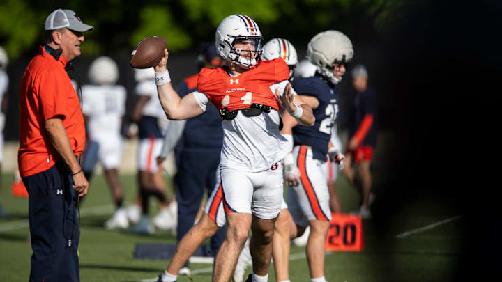 Auburn Tigers quarterback Jackson Arnold (11) throws the ball during football practice at Woltosz Football Performance Center in Auburn, Ala., on Thursday, April 10, 2025.