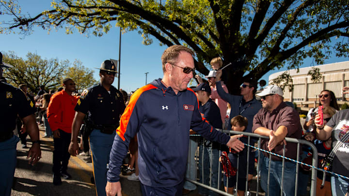 Auburn Tigers head coach Hugh Freeze greets fans during Tiger Walk before Auburn Tigers take on Louisiana-Monroe Warhawks at Jordan-Hare Stadium in Auburn, Ala., on Saturday, Nov. 16, 2024.