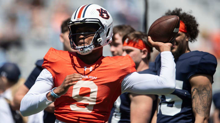 Auburn Tigers quarterback Deuce Knight (9) throws the ball during Auburn Tigers A-Day football practice at Jordan-Hare Stadium in Auburn, Ala., on Saturday, April 12, 2025.