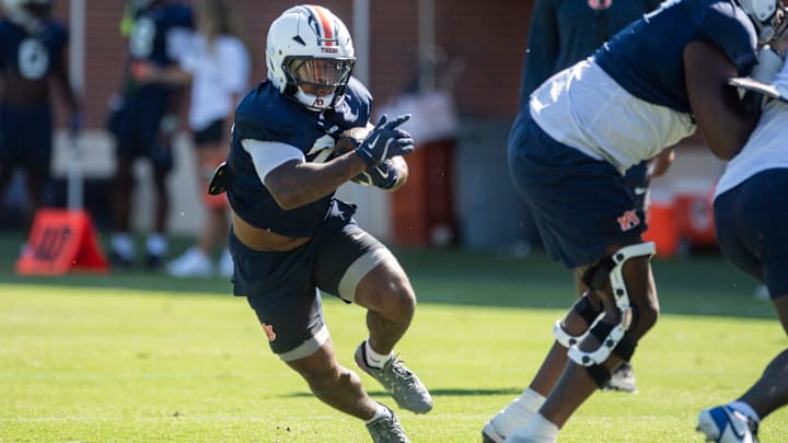 Auburn Tigers running back Omar Mabson II (29) runs the ball during practice at Woltosz Football Performance Center in Auburn, Ala. on Tuesday, Sept. 2, 2025.