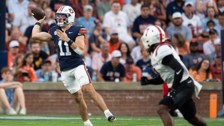 Auburn Tigers quarterback Jackson Arnold (11) throws the ball as Auburn Tigers take on Ball State Cardinals at Jordan-Hare Stadium in Auburn, Ala. on Saturday, Sept. 6, 2025.
