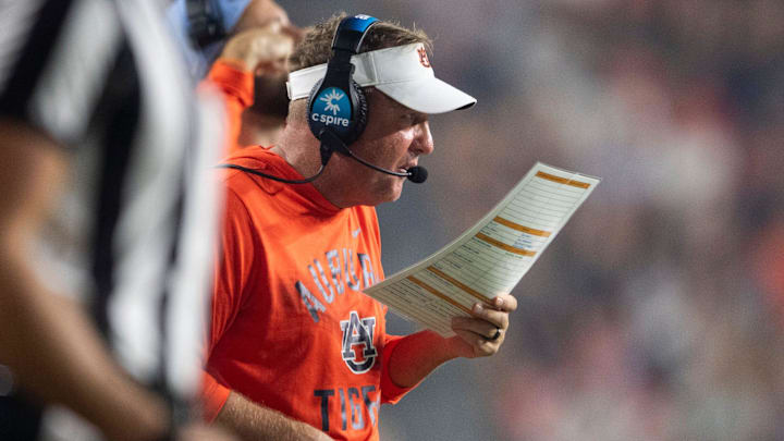 Auburn Tigers head coach Hugh Freeze calls plays as Auburn Tigers take on Ball State Cardinals at Jordan-Hare Stadium in Auburn, Ala. on Saturday, Sept. 6, 2025. Auburn Tigers defeated Ball State Cardinals 42-3.