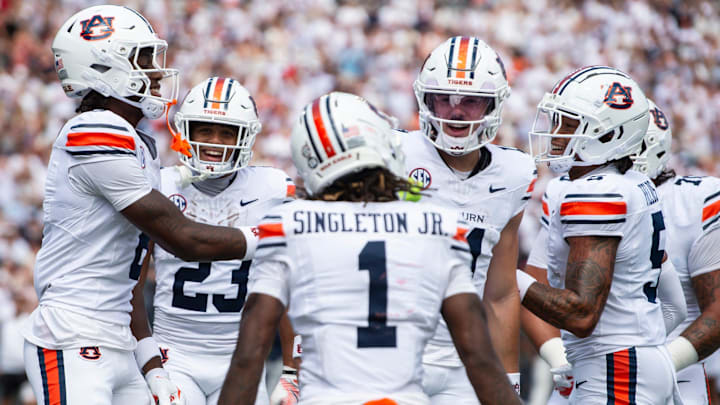 Auburn Tigers wide receiver Cam Coleman (8) celebrates his touchdown as Auburn Tigers take on South Alabama Jaguars at Jordan-Hare Stadium in Auburn, Ala. on Saturday, Sept. 13, 2025.