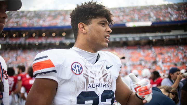 Auburn Tigers running back Jeremiah Cobb (23) walks the field after the game as Auburn Tigers take on South Alabama Jaguars at Jordan-Hare Stadium in Auburn, Ala. on Saturday, Sept. 13, 2025. Auburn Tigers defeated South Alabama Jaguars 31-15.